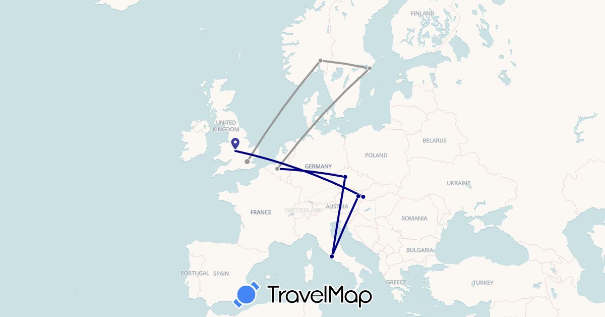 TravelMap itinerary: driving, plane in Austria, Belgium, Czech Republic, United Kingdom, Italy, Norway, Sweden, Slovakia, Vatican City (Europe)